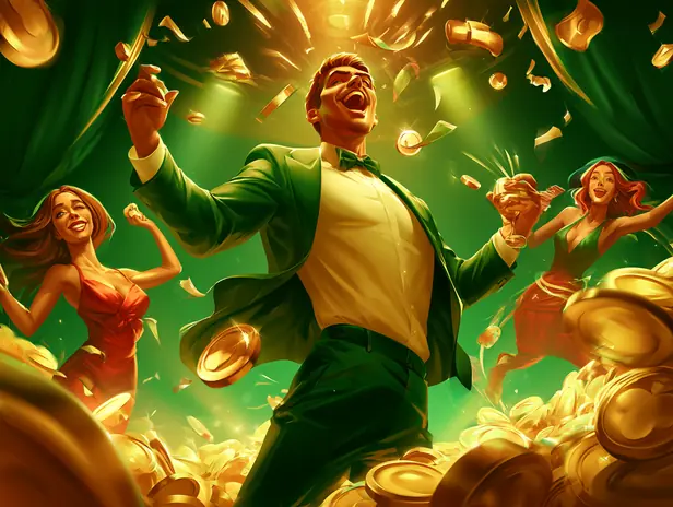Ganador de traje verde celebrando entre monedas de oro