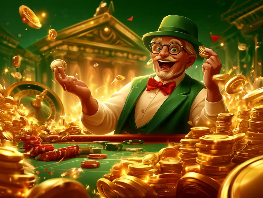 Caballero con galera verde rodeado de pilas de monedas de oro