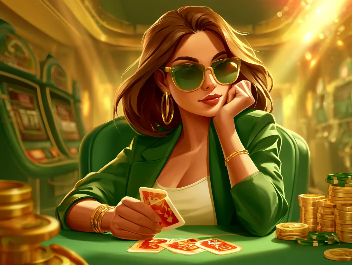 Jugadora con anteojos de sol sosteniendo cartas en una mesa verde