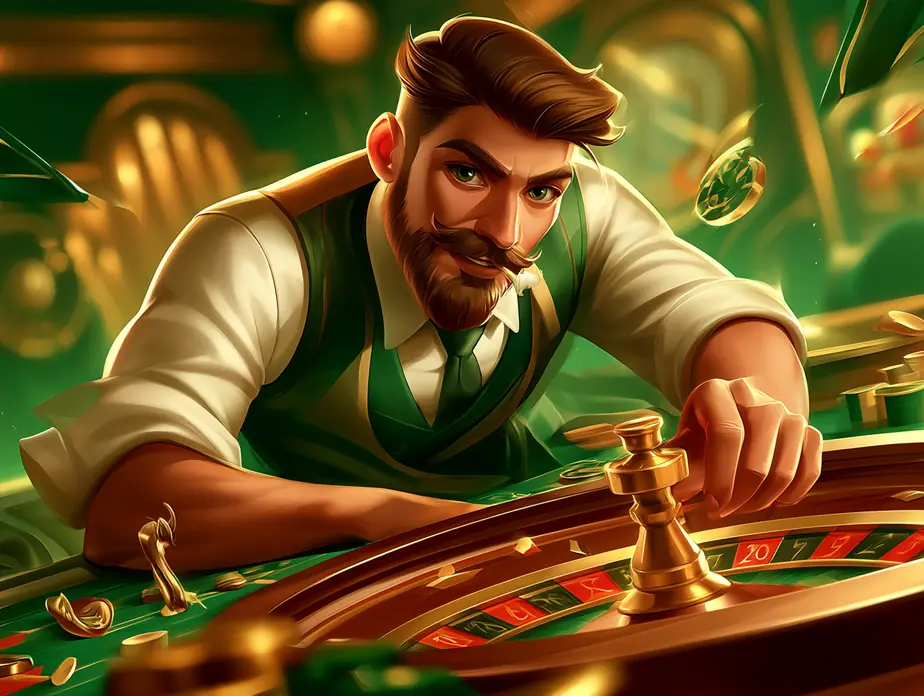Crupier con chaleco verde haciendo girar la ruleta
