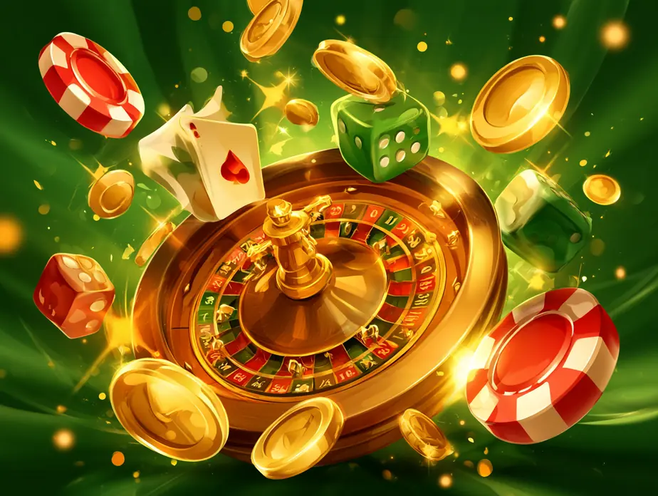 Rueda de ruleta dorada rodeada de fichas, dados y cartas