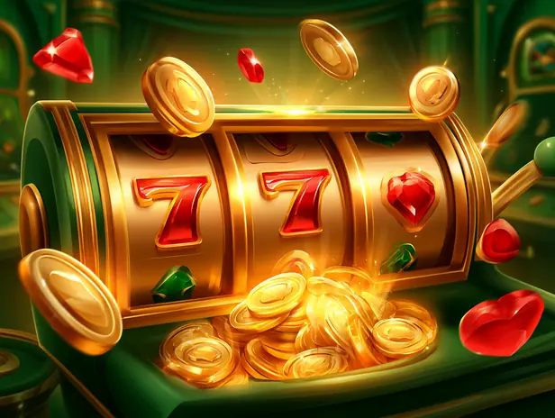 Tragamonedas dorada con sietes rojos, gemas y monedas