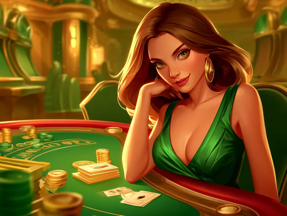 Jugadora en una mesa de blackjack con fichas y cartas